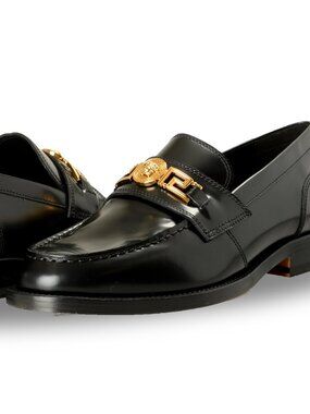 Versace Men's Black Leather Gold Medusa Logo Loafers Shoes US 12 IT 45